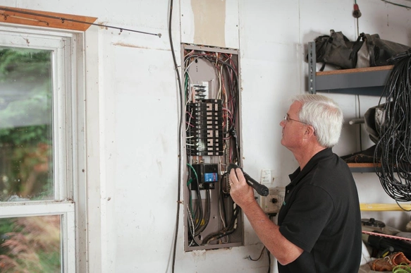 a breaker box with wires being worked on.